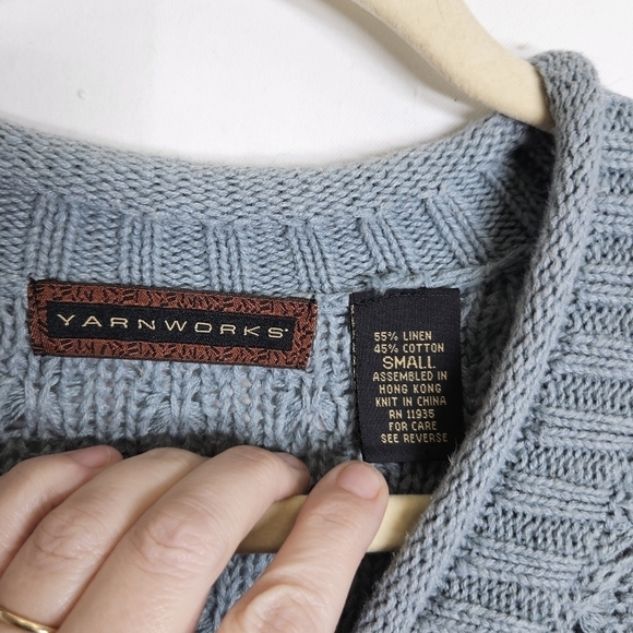 Yarnworks Linen Cotton Pullover Blue Knit‎ Sweater wooden buttons Tunic Small - Picture 3 of 12